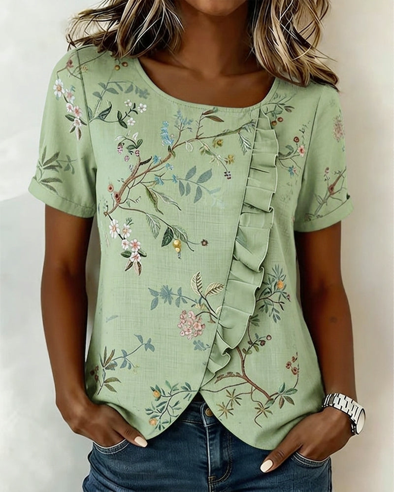 Blouse Ronde Hals Korte Mouw Ruche Bloemen