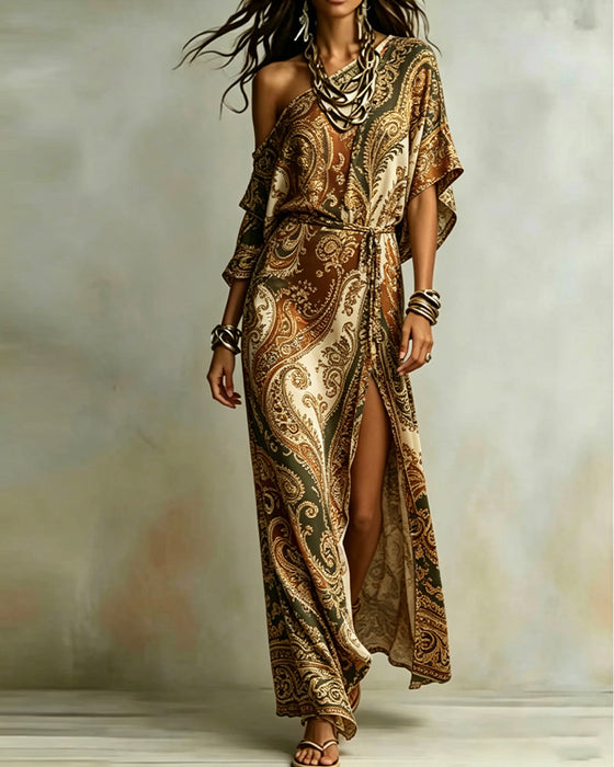 Jurk Paisley Enkel Schouder Stropdas Split Maxi