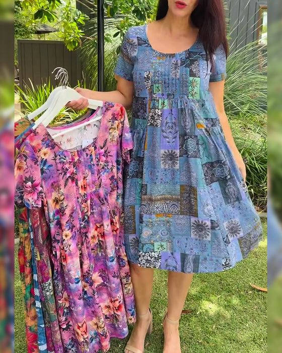 Jurk Ronde Hals Geplooid Bedrukt A-Lijn