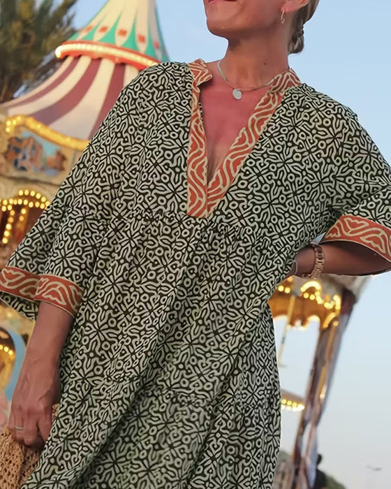 Jurk V-Hals Driekwart Mouw Print Vakantie