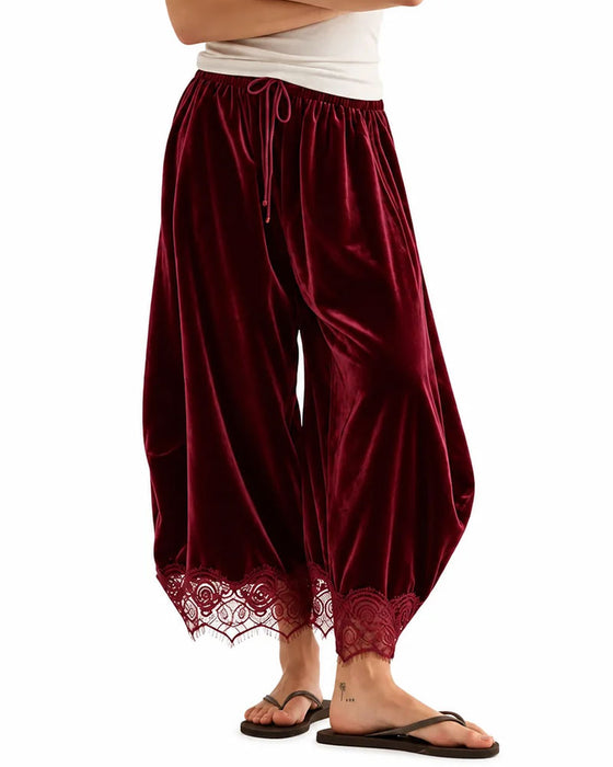Broek Elastische Taille Kant Stiksel Wijd Been