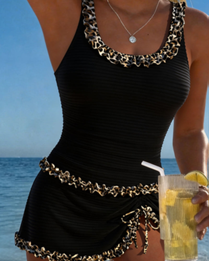 Tankini Luipaard Afdruk Kant U-Hals Jurk
