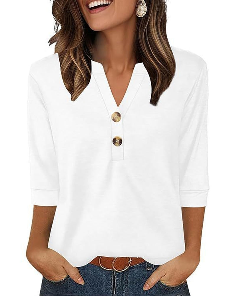 Blouse V-Hals Geknoopt Driekwart Mouw
