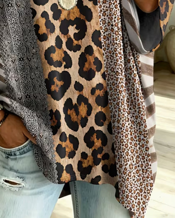 Top Luipaardprint Patchwork V-Hals Casual