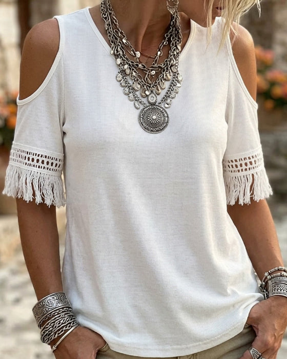 T-Shirt Off-Shoulder Franje Korte Mouw