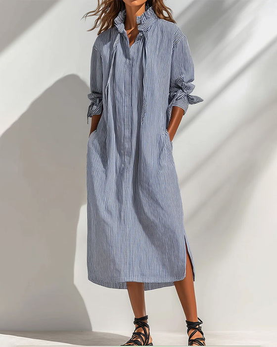 Jurk Casual Staande Kraag Gestreept Split