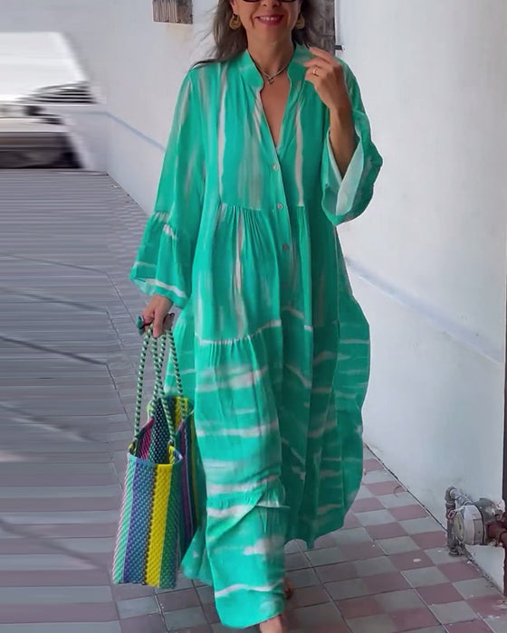 Casual losse lange jurk met V-hals en uitlopende mouwen