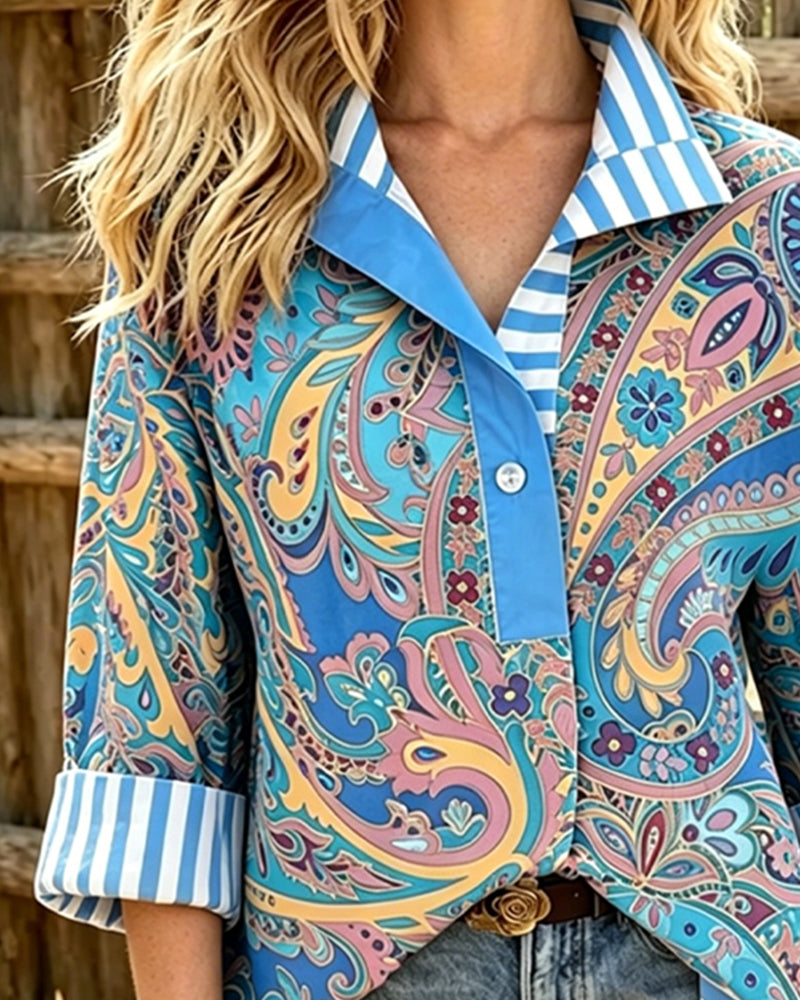Blouse Patchwork Bloemen Afdruk Casual