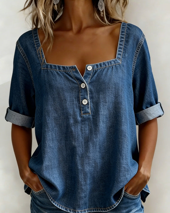 Overhemd Vierkante Hals Denim Halve Mouw
