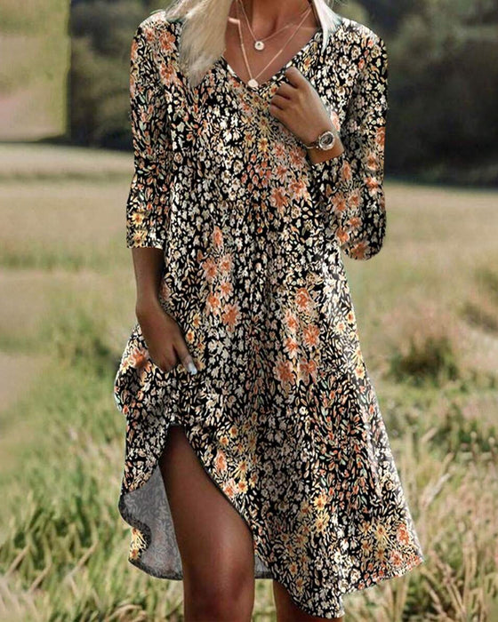 Jurk Lange Mouw Bloemen Elegant