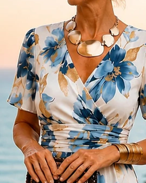 Jurk Inktwas Bloemen V-Hals Elegant