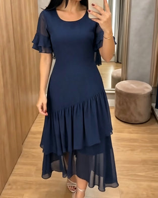 Jurk Rondhals Ruffle Effen