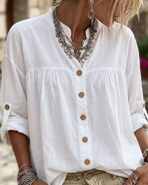 Blouse Met Opstaande Kraag Lange Mouw Effen Kleur Knoopsluiting