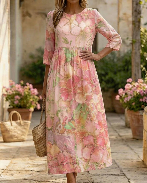 Jurk Aquarel Bloemen Driekwart Mouw Volle Rok Maxi