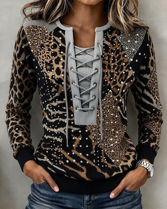 Sweatshirt Strik Luipaard Patchwork Getailleerd