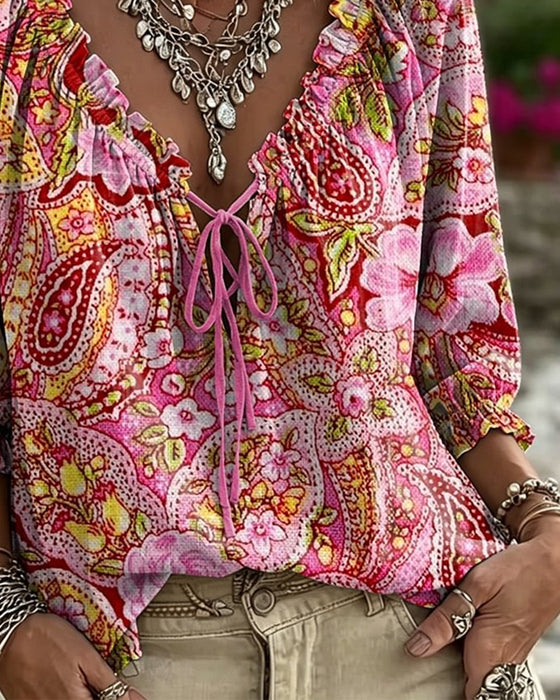 Blouse V-Hals Stropdas Afdruk Ballon Mouw