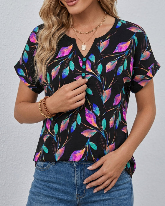 T-Shirt Bedrukt Opgerolde Manchet V-Hals