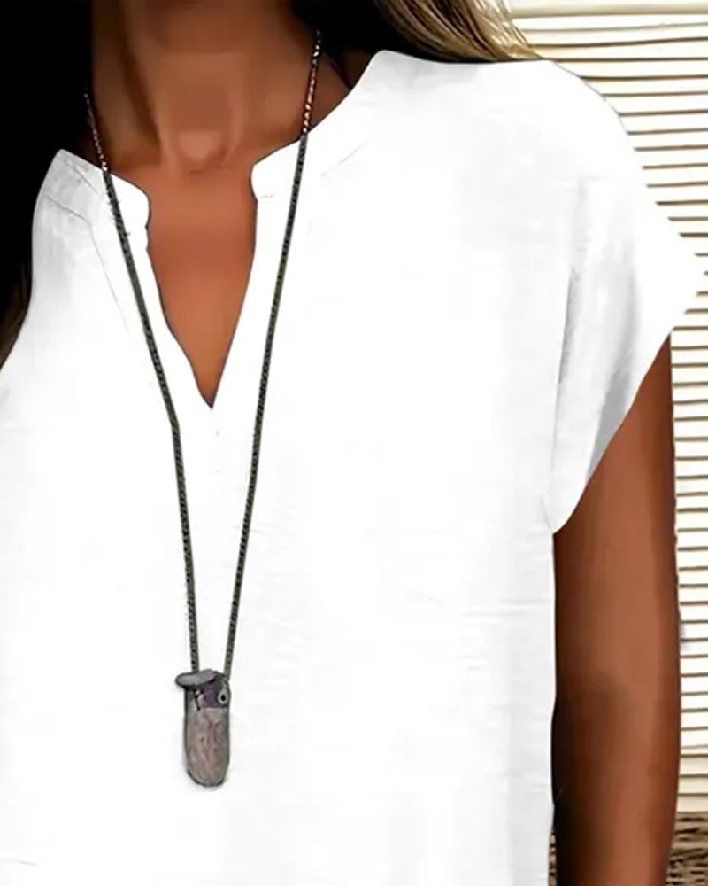 Blouse Casual Drop Schouder V-Hals Korte Mouw