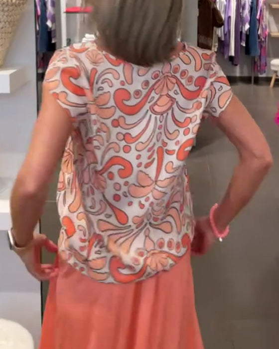 Casual blouse met V-hals en raglanmouwen met print