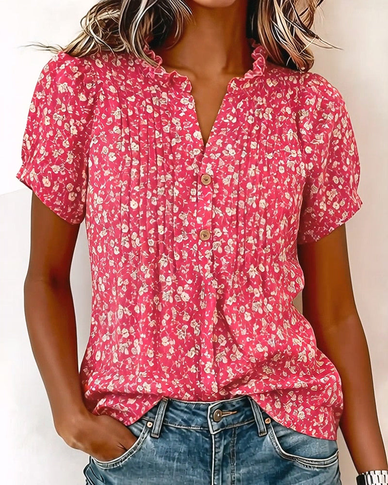 Blouse V-Hals Knoop Bloemenprint