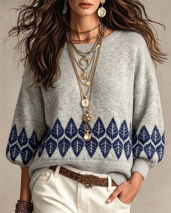 Pullover Ronde Hals Lantaarn Mouw Blad