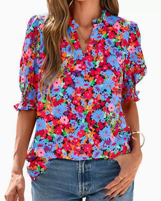 Blouse Bloemenprint Poef Korte Mouw
