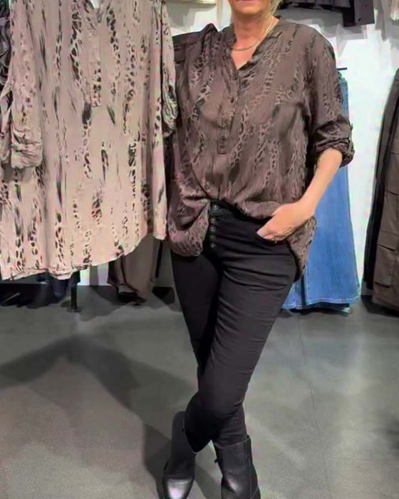 Blouse V-Hals Knoop Voor Luipaard Print Relaxed