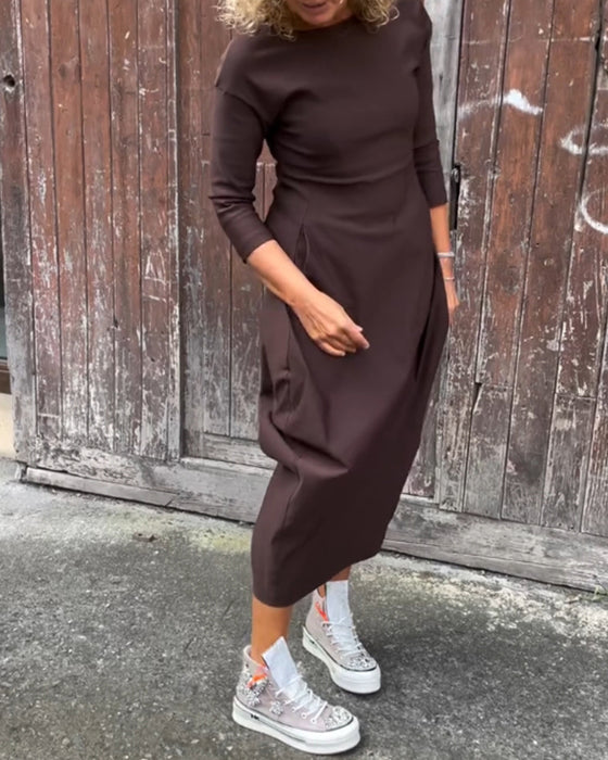 Eenvoudige effen kleur zak lange mouw elegante jurk