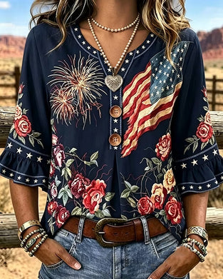 Bedrukte Blouse Met Ruchesmouwen