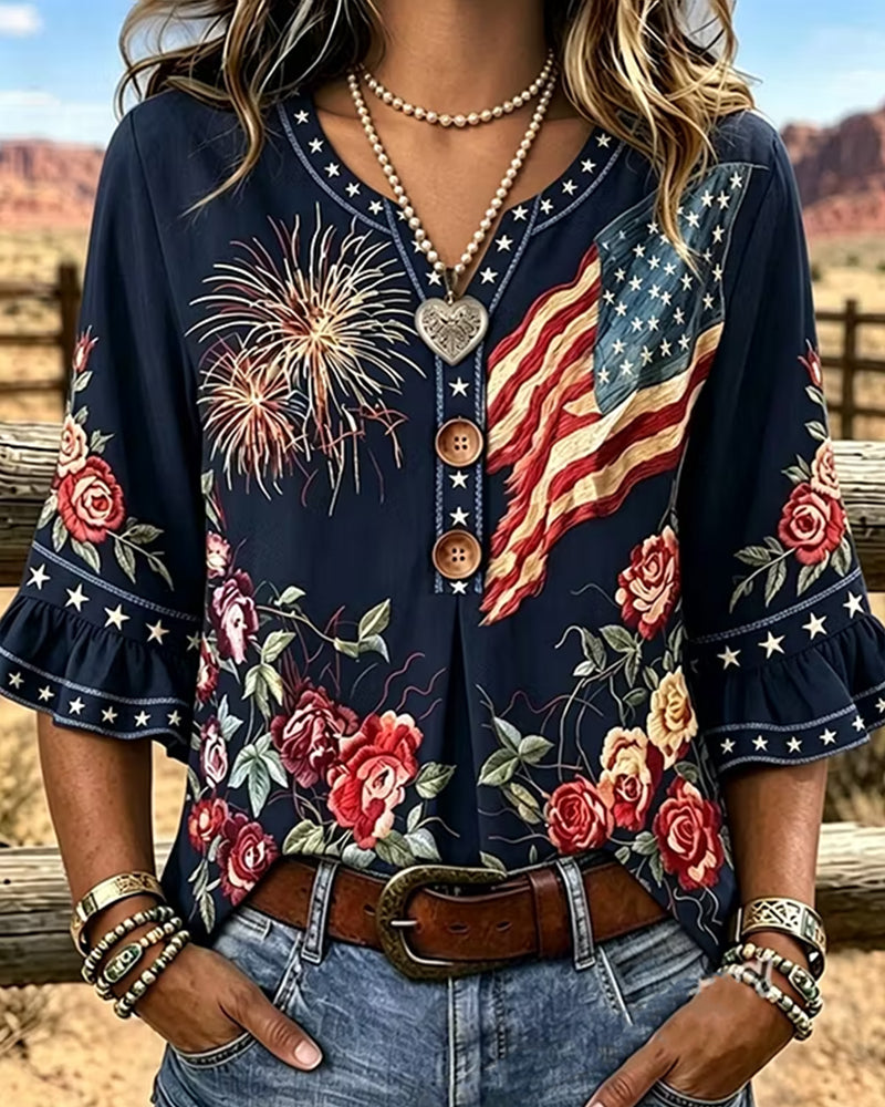 Bedrukte Blouse Met Ruchesmouwen