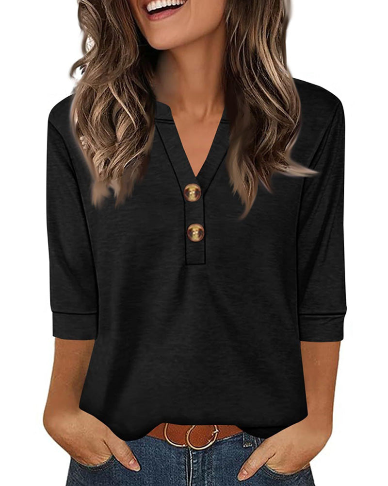 Blouse V-Hals Geknoopt Driekwart Mouw