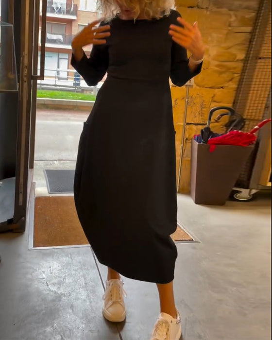 Effen kleur jurk met ronde hals lange mouw en zak