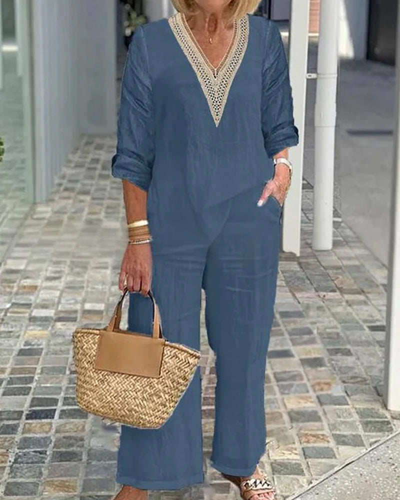 Tweedelig Set V-Hals Langmouw Casual
