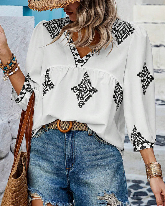 Blouse V-hals Diamantprint Driekwartmouwen