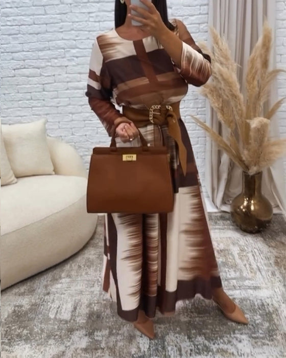 Retro contrasterende kleur jurk met ronde hals en lange mouw