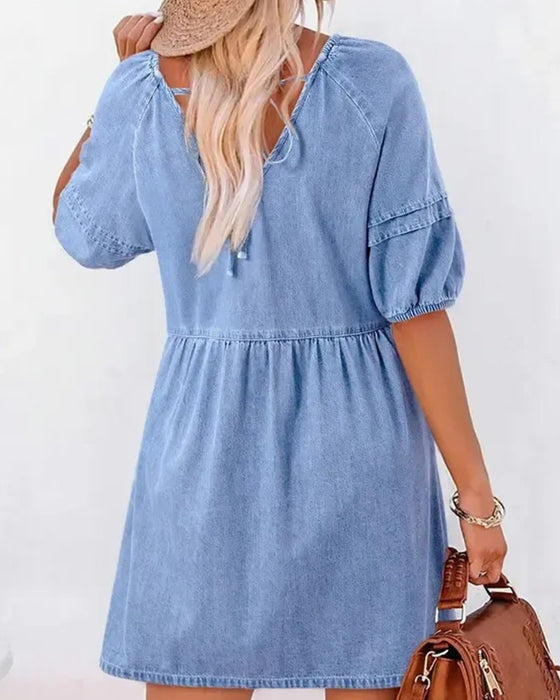 Jurken Denim V-Hals Puff Mouw