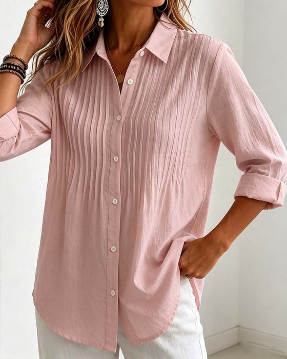 Shirt V Hals Plooien Knoppen Lange Mouwen