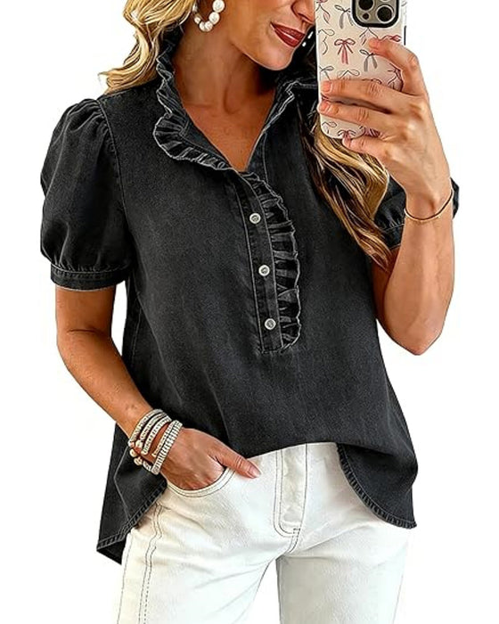 Blouse Dichtknopen Ruffle Denim