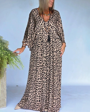 Jurk V-Hals Luipaardprint Loose Fit Casual