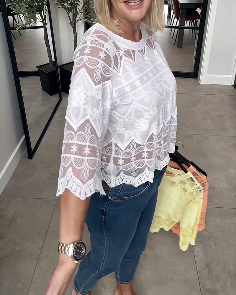 Blouse Sheer Mesh Kant Driekwart Mouw