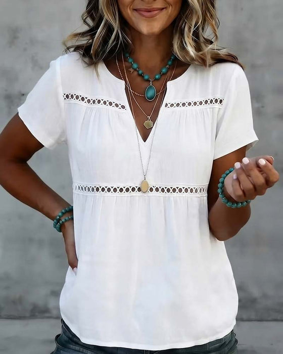 Blouse V-Hals Hollow Out Effen
