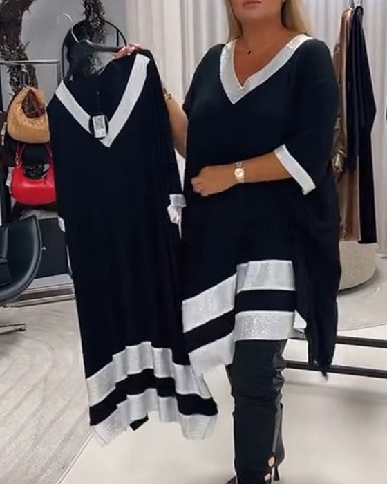 Jurk V-Hals Korte Mouw Kleurblok Loose Fit