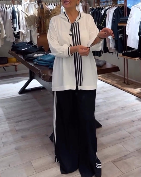Gestreepte casual tweedelige set met capuchon