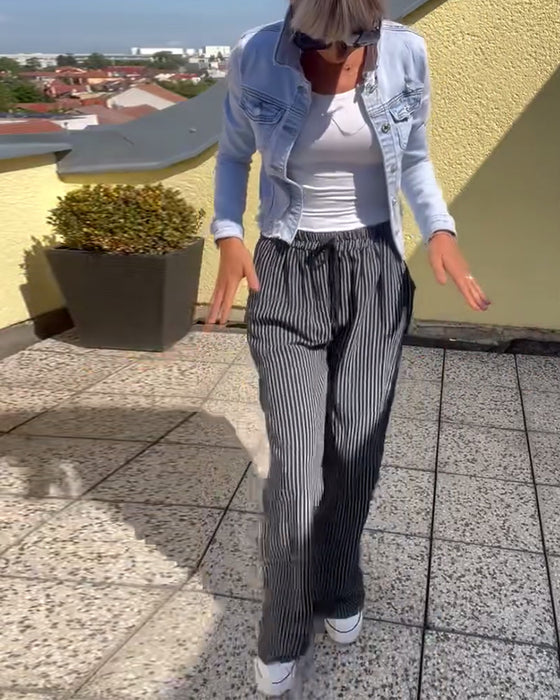 Losse, casual, gestreepte, rechte broek