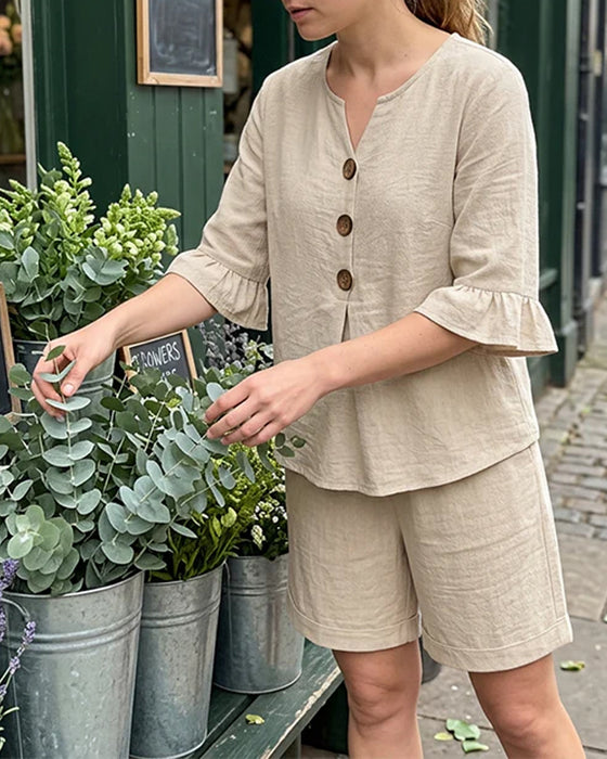 Set Ruffle Knoop Korte Mouw Shorts