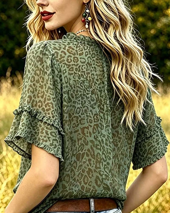 Blouse Groentint Luipaard Afdruk Ruffle