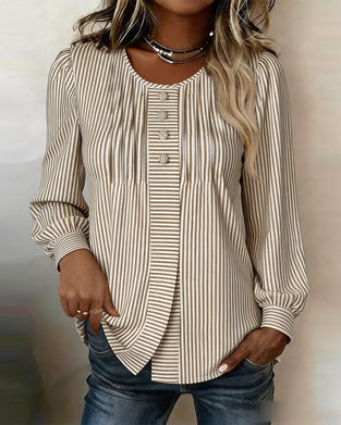 Blouse Ronde Hals Knoop Voor Streep Pofmouw