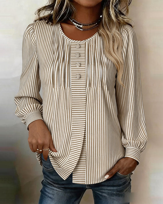 Blouse Ronde Hals Knoop Voor Streep Pofmouw