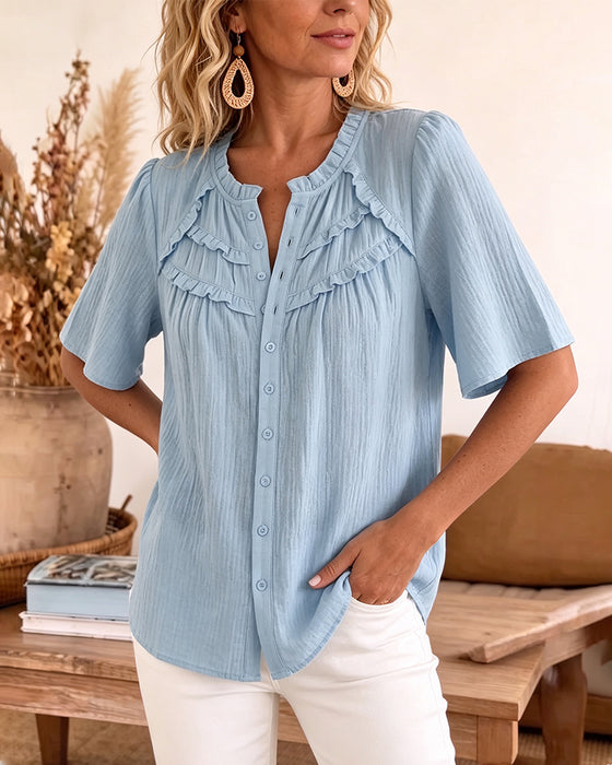 Blouse Halve Mouwen Effen Kleur