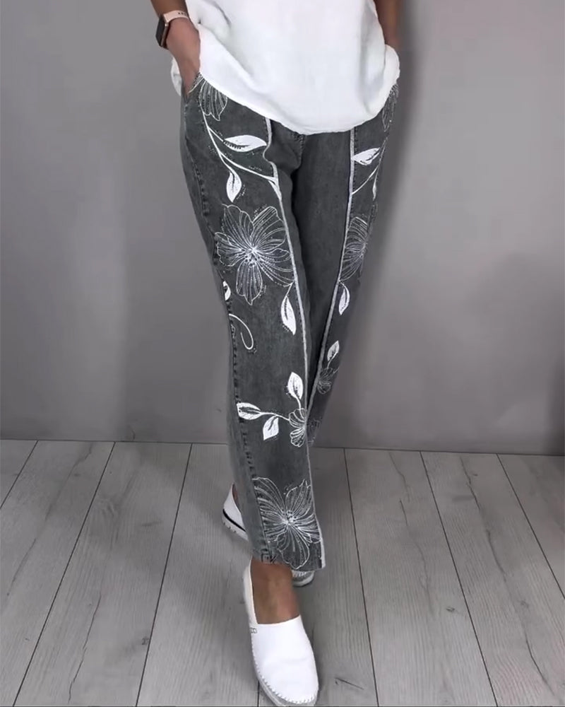 Jeans Bloemenprint Versleten